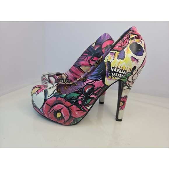 Iron Fist Funky Unique Skulls & Spiders US Sz 6 Platform 4" High Heels Statement - Picture 11 of 13